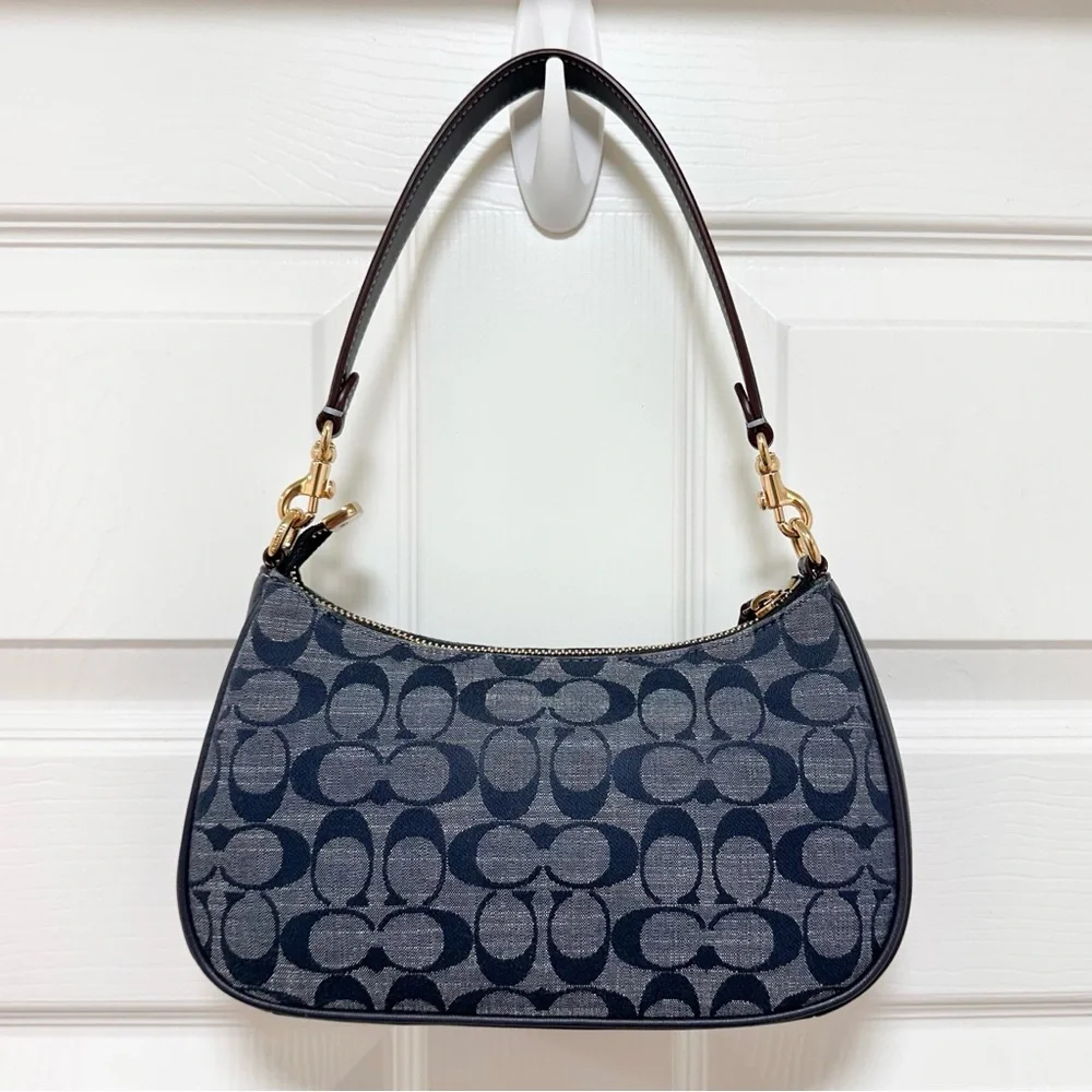 Coach Teri Shoulder Bag Signature Chambray Leather Trim